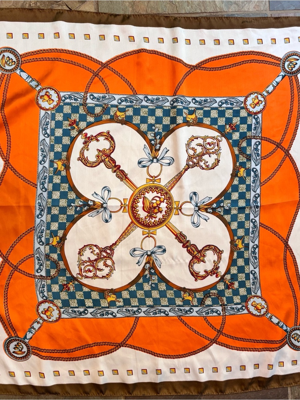 Silky Baroque Print Scarf Orange Teal Chain Key Equestrian Status Print